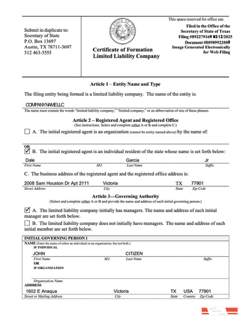 USA certificate of formation limited liability company Word and PDF template